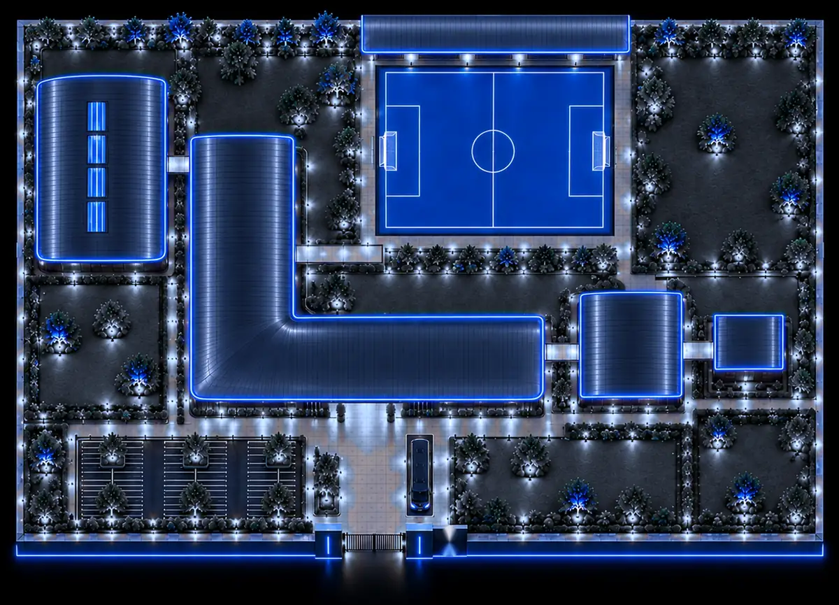 The training ground from above: the pitch, the main building, the indoor pitch, the gym and the lodge